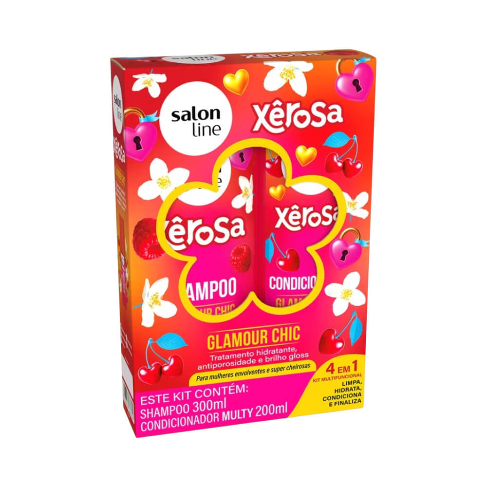 Embalagem do Kit Salon Line Xerosa Glamour Chic com shampoo e condicionador em fundo vermelho com detalhes florais e frutais